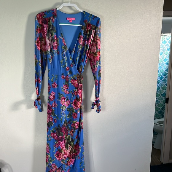 Beautiful Betsey Johnson Blue,pink,Red Floral Mesh Chiffon Wrap Maxi Dress US 8 - Picture 7 of 7